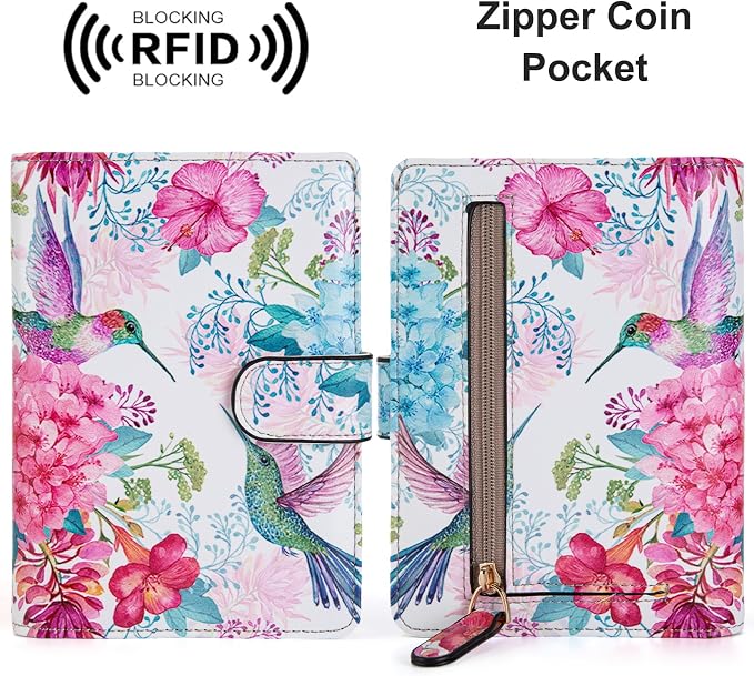 Passport Holder for Travel Essentials, RFID Blocking Passport Wallet Cover with Magnetic Closure, Passport Book Holders for Women and Men (Flowers and Hummingbirds)