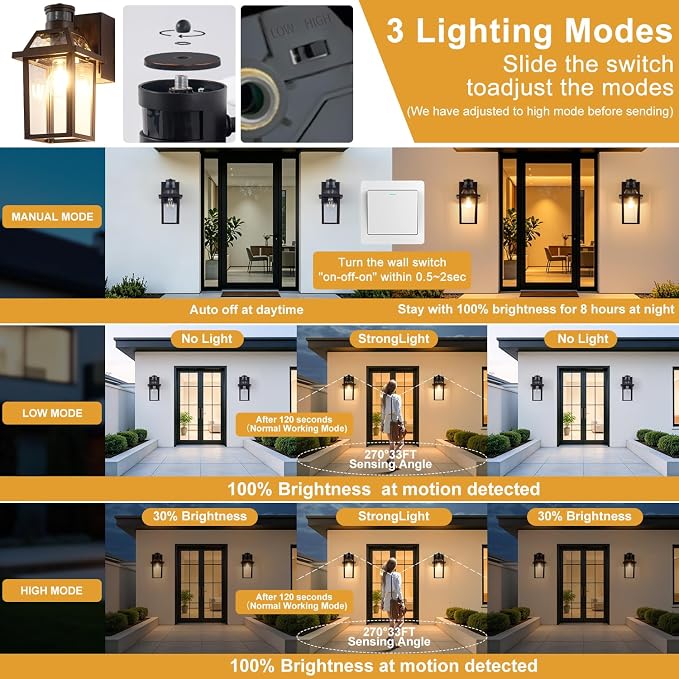 Yisuro Porch Lights with GFCI Outlet, Dusk to Dawn Motion Sensor Outdoor Light, 3 Lighting Modes Exterior Fixture, Outside for House Front Door Patio Garage(1 Pack Brown)
