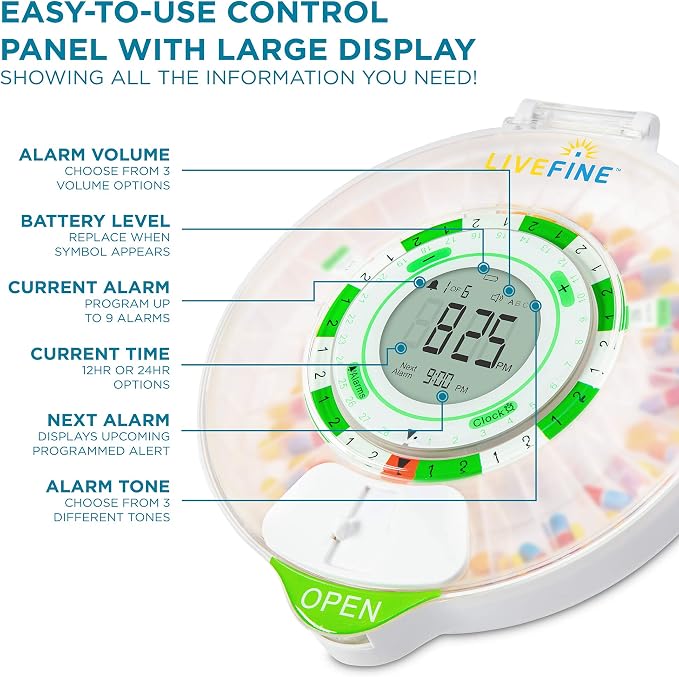 Live Fine Automatic Locking Pill Dispenser, 28 Day, Frosted Lid | Medicine Pill Organizer, Lockable Medicine Box, Pill Box with Alarm, Audio & Visual Alerts, Sliding Retrieval Window