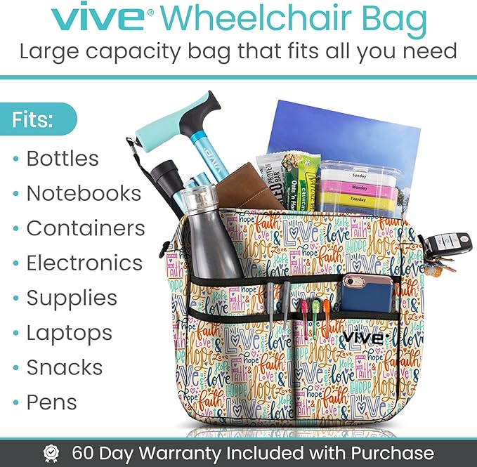 Vive Wheelchair Bag - Machine Washable, Double-Stitched, Water-Resistant Accessory Backpack for Rollators, Wheel Chairs, Walkers - Pouch with XL Pockets & Straps for Quick Installation