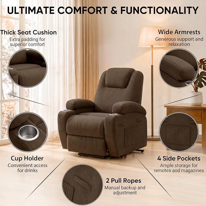 JUMMICO Power Lift Recliner Chair for Elderly with Vibration Massage | Recliner Chair Ergonomic Lift Chair Cup Holder for Living Room (Leathaire, Dark Brown)