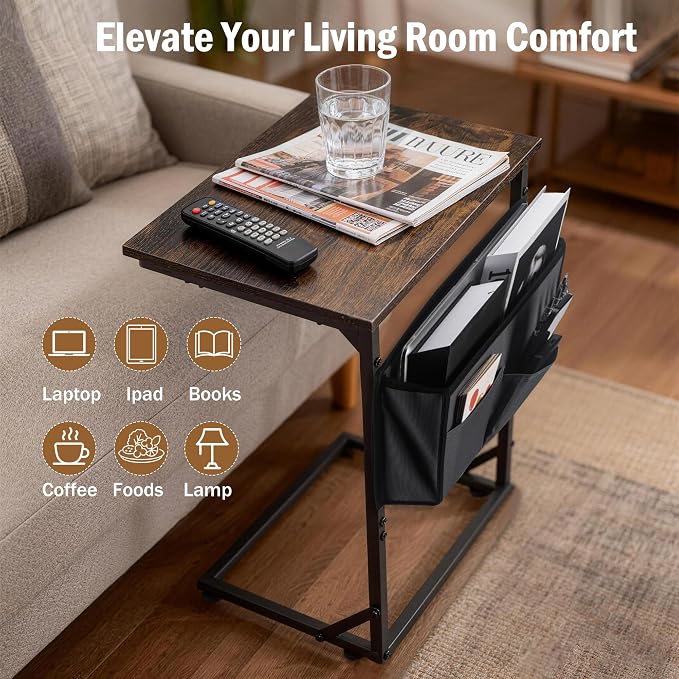 C Shaped End Table for Couch, Small Side Table for Living Room & Bedroom, Slide Under Sofa Table for Laptop, Coffee, Snacks, Easy Assembly, Modern Design