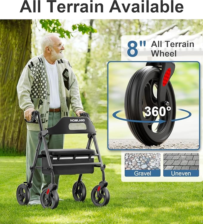 HOMLAND Foldable Rollator Walker with Seat for Seniors, 16" Enlarged Seat | 8" Big Wheels, 16"×12"x1.9" Thick Padded Seat, Adjustable Seat & Handle Height, Tool-Free Assembly, All Terrain Mobility Aid