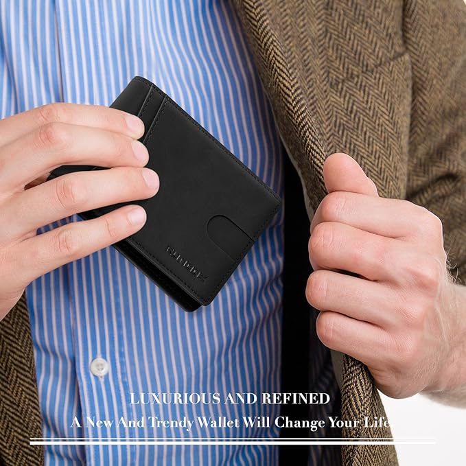 RUNBOX Wallet for Men -Slim Rfid Leather Mens Bifold Novelty Wallets 2 ID Window With Gift Box Men's Accessories | Minimalist Front Pocket Design, Holds 15 Cards, Large Capacity with Cash Pocket,Compact and Thin, Birthday Gifts for Men