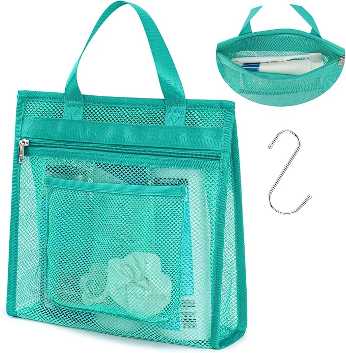 Small Mesh Shower Caddy Portable - Zipper Gym Travel Shower Bag, Mint Green | 3 Pockets, Quick-Dry Mesh, S-Hook, Hanging Shower Caddy for Toiletry Essentials, Bathroom & Camping