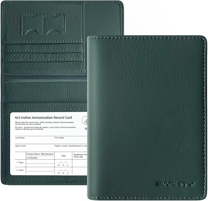 BAPHITY Genuine Leather RFID Blocking Slim Travel Passport Holder，green | Top-Grain Leather, RFID Blocking, Multi Slots (3+2 SD), Slim, Unisex Multi-Function Holder, Travel Sleeve