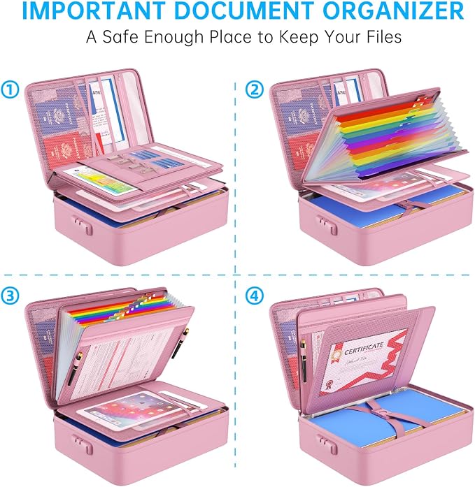 ENGPOW Fireproof File Organizer Bag with 13 Pockets Accordion File Folder | 5200℉ Document Organizer Box with Lock & Labels, Multi-Layer, Portable Home Safe Storage for Important Documents, Pink
