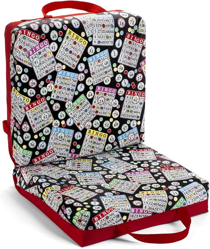 Classic Bingo Pattern Seat Cushion – Extra Thick 3” Bingo Pillow with Strap, Storage Pouch & Handles – Comfortable Folding Chair Cushion for Bingo Nights (Red)