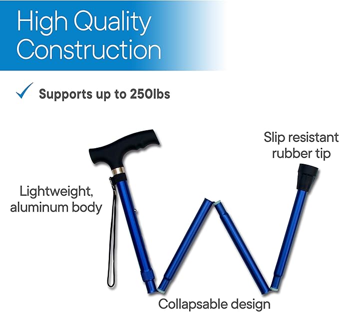 RMS Folding Cane - Foldable Walking Cane with Adjustable Height - Collapsible and Lightweight - Soft Ergonomic Handle for Comfortable Grip - Portable Walking Stick for Mobility Aid