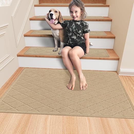 Stair Treads Landing Rug for Wooden Steps Indoor, Peel and Stick Stair Treads Matching-Mat 20"X32" Stair Landing Slip Resistant Polyester Stair Rugs Non Slip for Seniors and Dogs, Beige