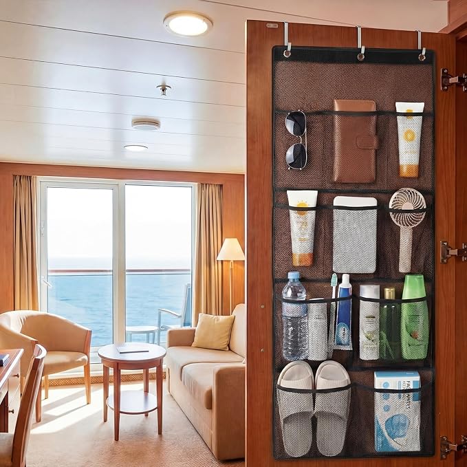 Hushee Magnetic Cruise Shower Organizer over The Door Organizer for Cruise Ships Essentials 2026 Magnetic Door Mesh Hanging with 10 Pocket 4 Large Shoe Rack Storage for Bathroom Cabin Closets(Black)