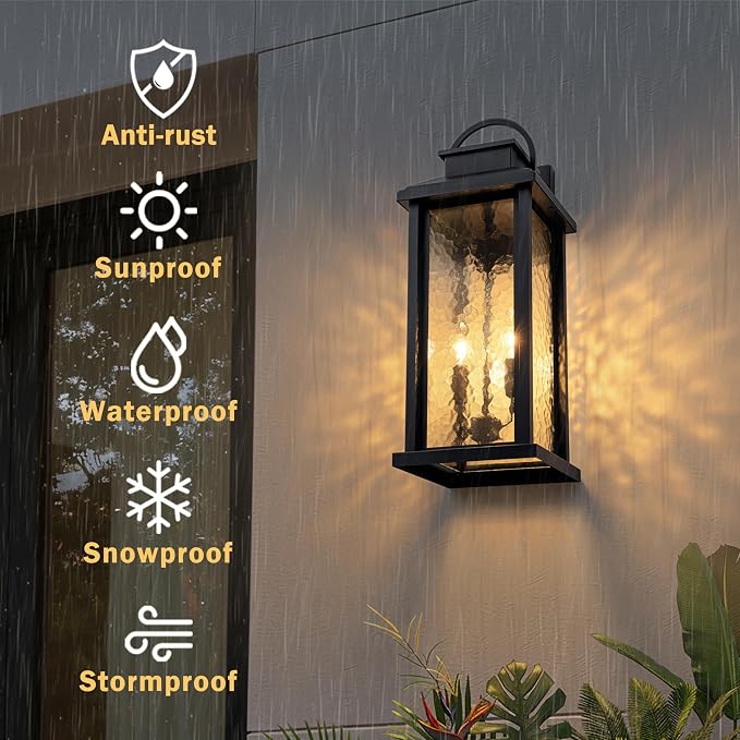 20 Inch Large Porch Lights Outdoor Wall Mounted Light | Matte Black, 2-Light Design, E12 Sockets, Water Glass, Hardwired, Waterproof Outdoor Light Fixture for House