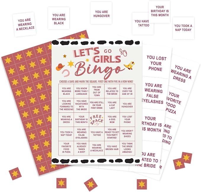 Cowgirl Bingo Game Cards, Western Cowgirl Games for Adults, Bachelorette Party Bingo Cards Supplies, Slumber Party Sleepover Party Decor Favors, Card Gifts for Women Friends Family Birthday, 08, Pink