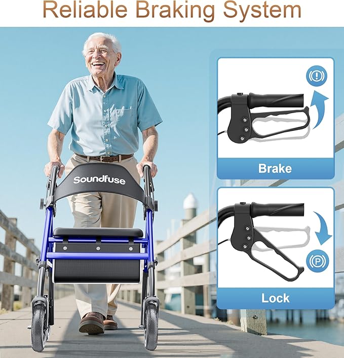 Rollator Walkers for Seniors with Seat, Foldable Lightweight Rolling Walker with 8" Big PU Wheels, Ergonomic Seat, Dual Height Adjustment
