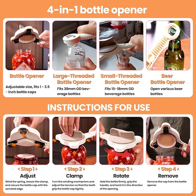 4-in-1 Jar & Bottle Opener for Seniors - Easy Grip | Multi functional & adjustable Ergonomic handle, non-slip grip Stainless, silicone pads Jars, bottles & beer, hooks included