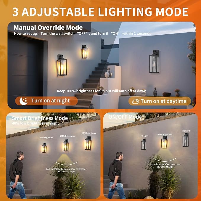 16 Inch Motion Sensor Dawn to Dusk Outdoor Sensor Light Fixture Anti-Rust Exterior Wall Lighting Waterproof Outdoor Wall Lantern for Porch Patio Front Door Garage