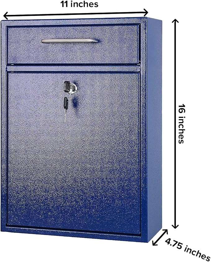 Wall Mounted Locking Vertical Dropbox Mailbox - Safe and Secure (Large) | Made with Galvanized Steel | Blue