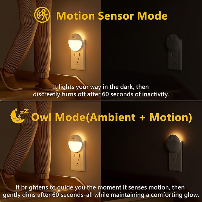 2 Pack Plug in Night Light with Motion Sensor and Dusk to Dawn Sensor, Stepless Dimming, Warm White LED Nightlight with 3 Lighting Ways for Bathroom, Bedroom, Kitchen, for Kids, Adults