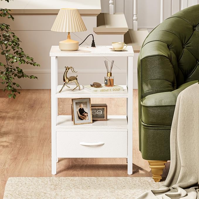 SUPERJARE Nightstand with Charging Station, Bed Side Table with Adjustable Fabric Drawer, Night Stand for Bedroom, 3-Tier Storage End Table, for Living Room, White | Night Stand for Bedroom, with Adjustable Fabric Drawer, 3-Tier Storage End Table, for ...
