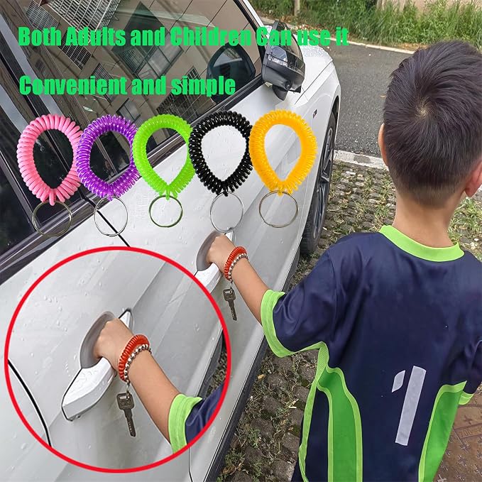 10 Pieces Wrist Coil Keychain Spiral Key Ring, Solid Pink | Wristband Bracelet Key Holder for Pool Gym ID Badge