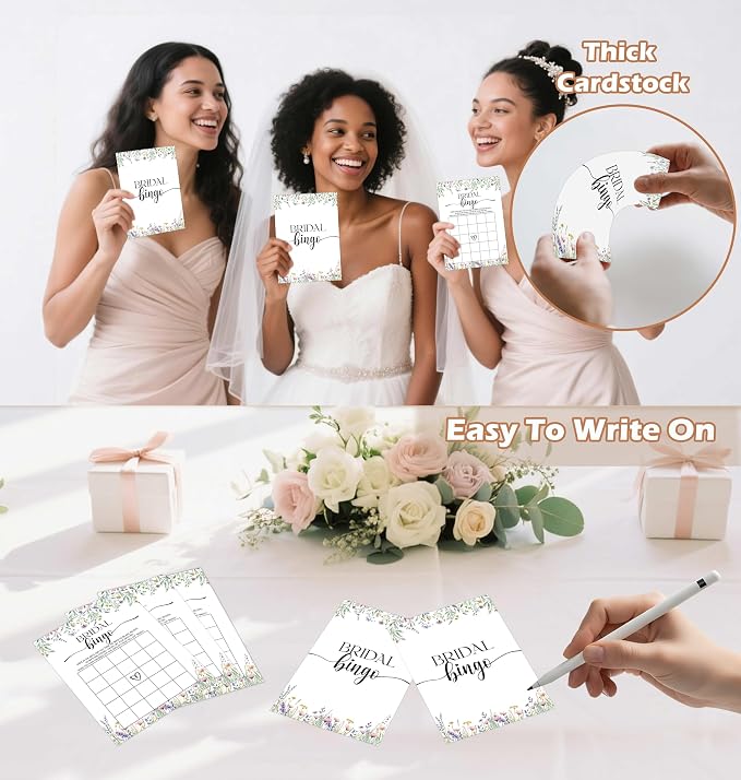 Wildflower Bridal Shower Games, Boho Flowers Bridal Shower Bingo Game with Blank Squares for 30 Guests with Game Cards, Bridal Shower Decor, Wedding Decorations Supplies (30)