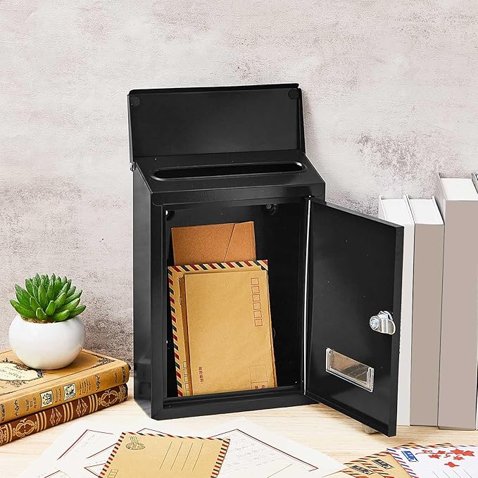 Amylove Weatherproof Mail Boxes with Key Lock, Security Locking Wall Mount Metal Mailbox with Slot for Outside, Large Capacity for Mail, Packages, Donations, Voting 11. 8"h x 8. 3"l x 2. 8"w, Black