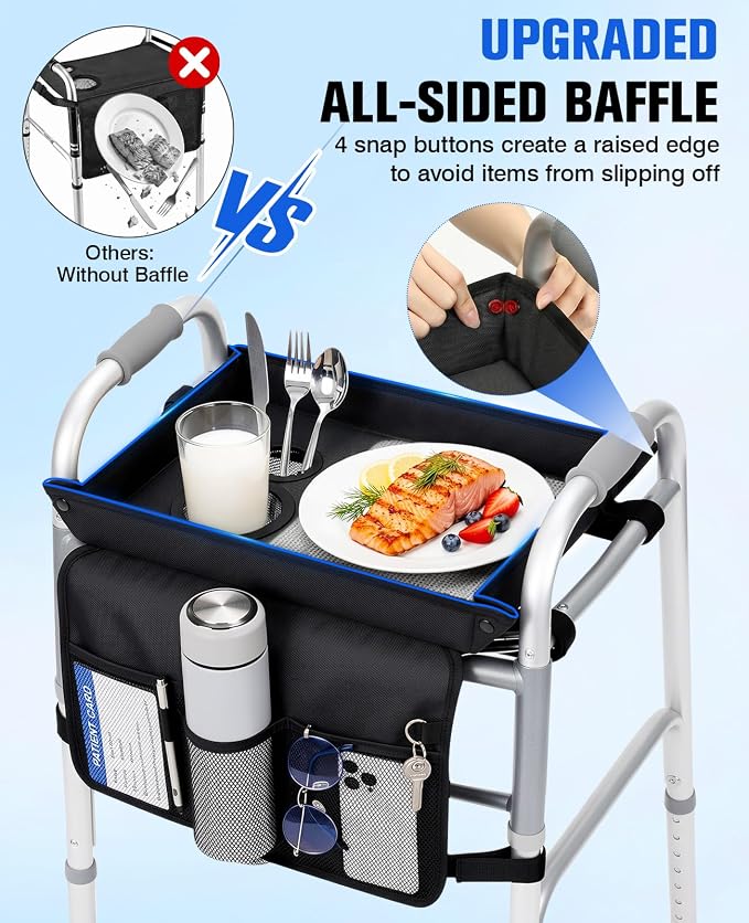 Rhino Valley Walker Tray for Folding Walker,Tray for Walker with Cup Holder | Sturdy & Non-Slip Tray for Walkers,Fits Standard Walkers,Removable&Easy Assembly, Mobility Accessory for Seniors Meals Drinks