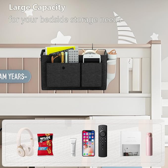 Bedside Caddy Bedside Storage Hanging Organizer for Bunk Dorm Bed Rail | Bed Caddy with Hooks, Top Bunks and Dorm Essentials for Water, Tissues, Tablets, Books, Phones, Remotes and Other Necessories
