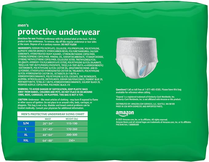 Amazon Basics Maximum Absorbency Incontinence Underwear for Men with Leak Protection, Dri-Fit Technology, Odor Control, Cotton Enhanced, Small/Medium, 20 Count