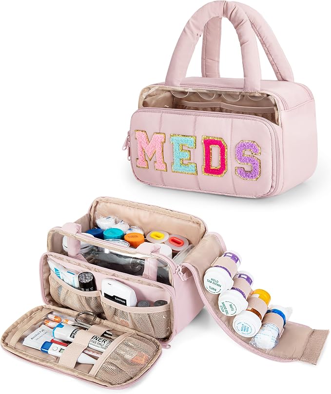 Fasrom Chenille Letter Medicine Bag, Pill Bottle Organizer for Travel Meds | Preppy Patch Design, Puffy Handle, Portable Storage for Medical Supplies & Toiletries, Makeup Case for Women