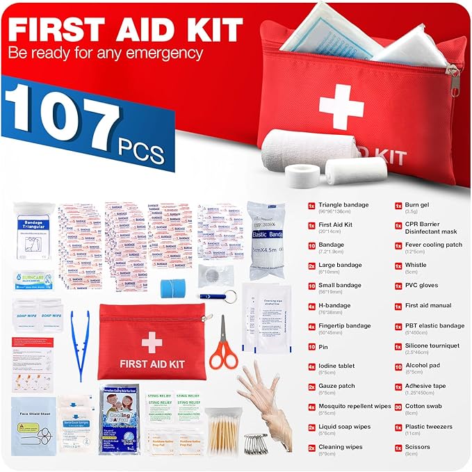 First Aid Kit for Home Car Travel 107 Piece Emergency Kits for Hiking Camping Small Trauma Kit for Boat Vehicle Lightweight Compact Pocket Aid Kit for Sports Outdoor Survival | Lightweight, Compact