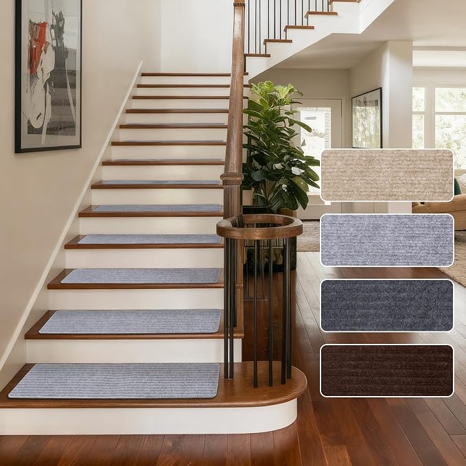 Extra Wide Non Slip Stair Treads for Wooden Steps – 15 Pack 9" x36'‘Extra Wide Carpet Runners with Reusable Adhesive, Step Pads for Dogs, Kids, Seniors, Machine Washable – Light Grey