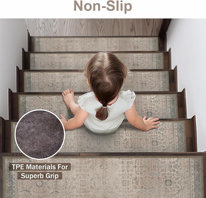 sarben 8"x30" Non Slip Stair Treads for Wooden Steps 15 Pack, Cameo | Peel and Stick Carpet Stair Runner with TPE Adhesive Backing, Carpet for Added Safety, Pet and Senior Friendly