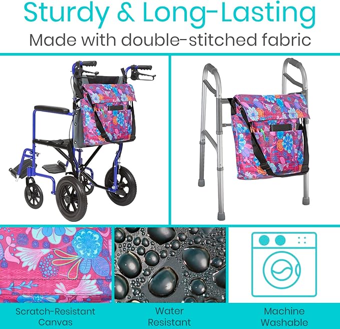 Vive XL Wheelchair Bag - Waterproof, Scratch-Resistant, Double-Stitched, Machine Washable Accessory for Adults, Seniors, 15 Colors - Storage Walker Backpack to Hang on Back of Wheel Chair