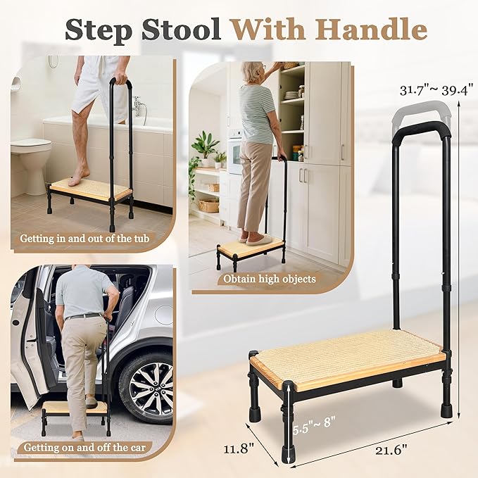 Step Stool with Handle for Elderly Adults, Medical Bedside Stepping Stool for High Beds, SUV Rv Car Safety Steps, Bedroom Bathtub Foot Stool Stairs Platform Adjustable Handrail Heavy Duty 400lb