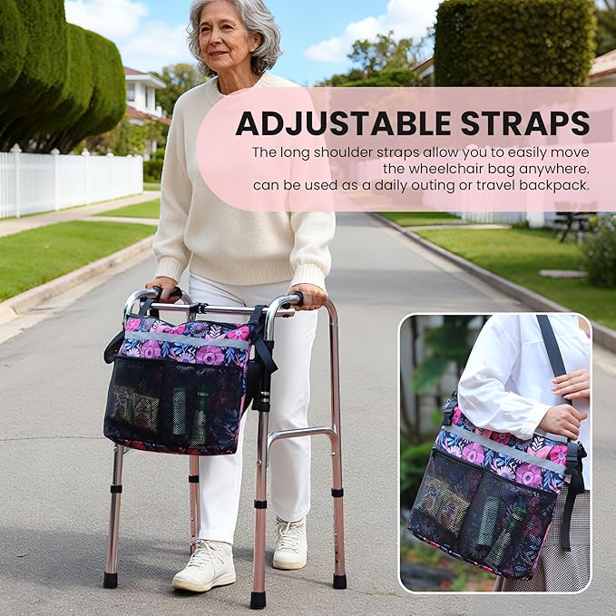 Wheelchair Accessories Backpack to Hang on Back Walker Storage Bag with Multiple Pockets for Seniors Adults