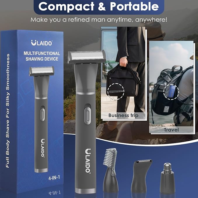 Body Hair Trimmer for Men, 4 in 1 Versatile Trimmer Shavers for Nose Ear Eyebrow Body Hair Trimming, USB-C Fast Charge Electric Pubic Hair Trimmer for Smooth Shaving with Storage Bag