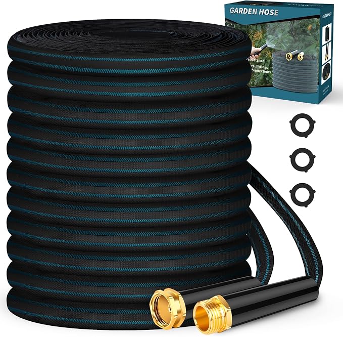 Garden Hose 100ft Lightweight, Non-Expanding, Leak-Proof Metal Connector, No-Knot No-Tangle Easy to Store and Carry Wear-Resistant 3/4GHT Flexible Water Hose for Yard Outdoor (Black Lake Blue)