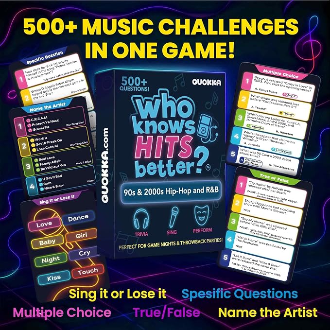 Quokka Who Knows Hits Better? 500+ Questions Music Games – 90s & 2000s Hip-Hop & R&B Edition – The Ultimate Music Trivia Challenge for Adult & Family Party Games – Fun Karaoke & Singing Game Night