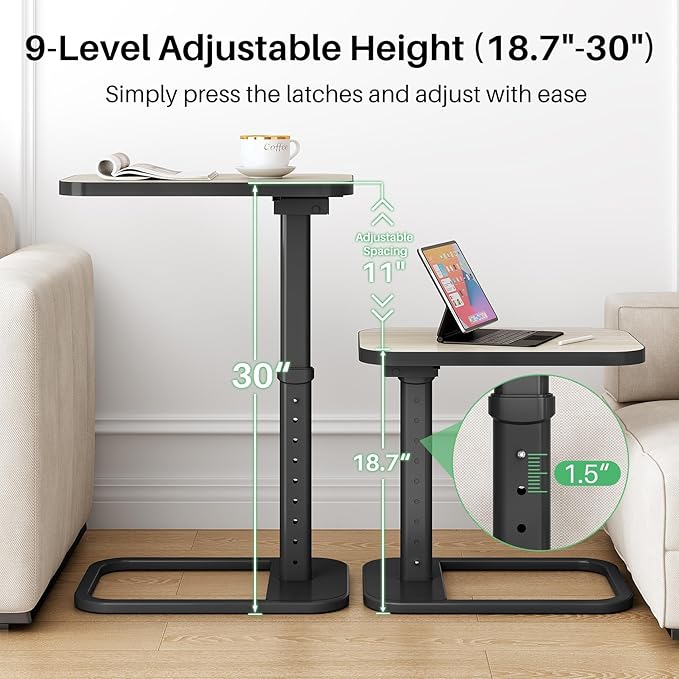 Driftwood Grey TV Tray Table, Adjustable Height & Rounded Metal Corners, Snack Table for Couch, Sofa, Bed, Chair, Living Room, C Shaped End Side Table for Eating, Dinner or Laptop, Small Spaces