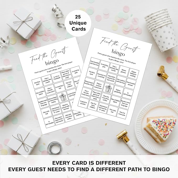 Find The Guest Bingo Cards – 25 Unique Cards, Icebreaker Party Games for Adults, Rustic White Mingle Activity for Birthday Parties, Family Reunions, Office Events & Friendsgiving