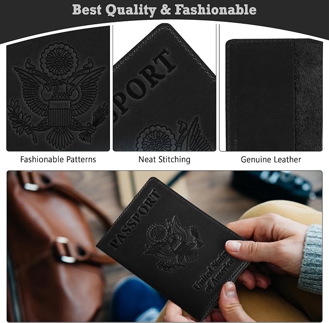 US Leather Passport Book Cover - Thin American Travel Passport Holder - Premium International USA Passport Protector Case for Women Men (Black Vintage New)