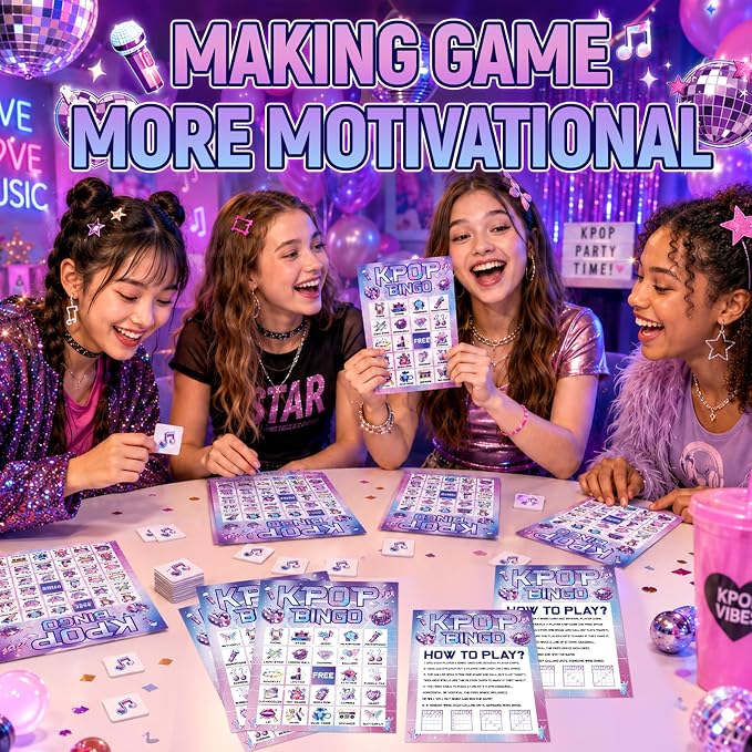 39pcs Kpop Music Party Bingo Game for Adults 24 Players Korean Idol Movie Bingo Cards With Reward Stickers for Family Friend Student Large Group Activities Pink Girl Kpop Music Dance Party Favors