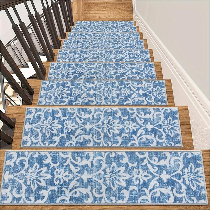 Lahome Carpet Stair Treads Non Slip, 15 Pack Stair Treads for Wooden Steps | 8"X30", Rubber Backing Soft Washable Stairway Stair Runners Staircase Rugs for Kids Pets Elders(15pc Blue)