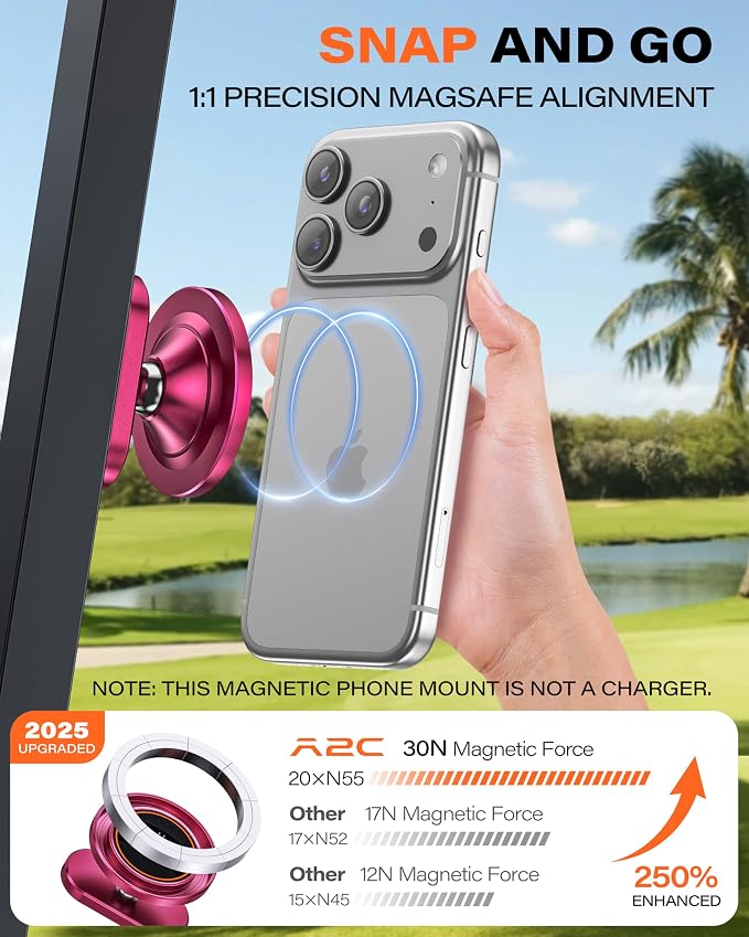 A2C Burgundy Alloy Magnetic Golf Cart Phone Holder, Women Golf Accessories | Rose Red Golf Gifts for Female Golfers Ladies Her Girls Mom Mother Wife, Golf Accessories Essential Fits EZGO Club Car Yamaha