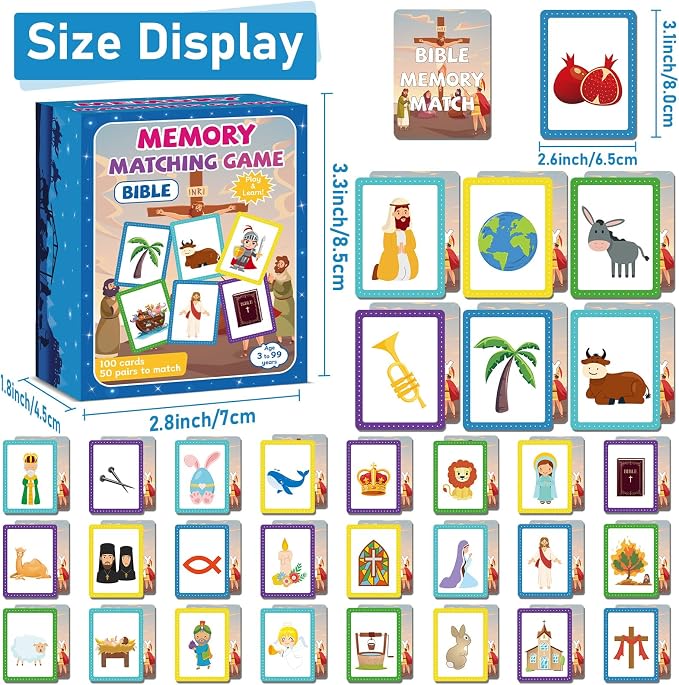gisgfim 100 PCS Memory Matching Game Bible Concentration Memory Card Games for Kids Boys Girls Easter Educational A Fun & Fast Christian Preschool Homeschool VBS 2026 Biblical Theme Matching Games