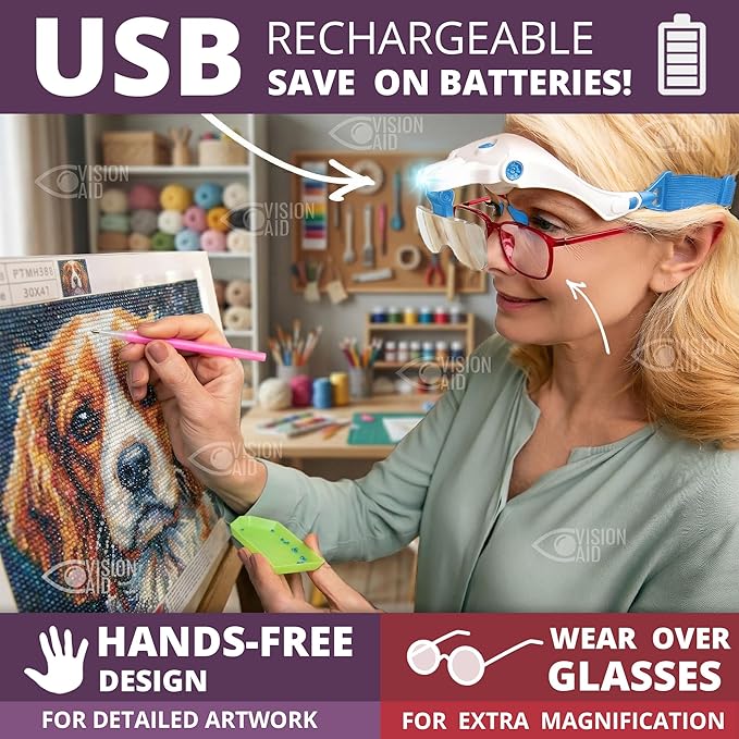 Vision Aid Expert Edition Magnifying Glasses with USB Rechargeable LED Light and Storage Case Hands Free Head Magnifier for Hobby Painting Close Work
