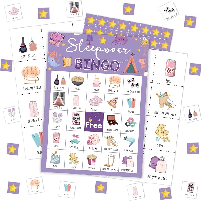 Sleepover Bingo Card, Slumber Bingo Set for Adults Large Group Family Friends, Pajama Party Game, Spa Party Supplies Decorations, Holiday Games for 24 Players -02