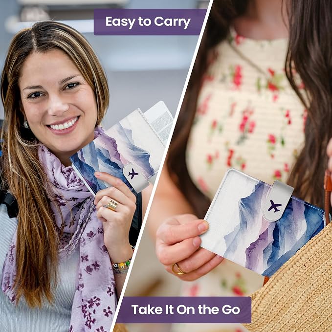 Passport Holder for Travel Essentials, RFID Blocking Leather Cover Wallet with Magnetic Closure, Aesthetic & Cute Passport Book Case for Women and Men - Hill