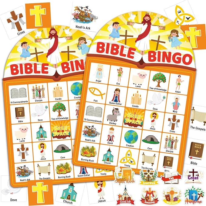 39 Pcs Bible Theme Bingo Game for Adults 24 Players Christian Party Bingo Game Cards with Reward Stickers for Family Friends Large Group Gathering Christian Sunday School Church Open Day Favors